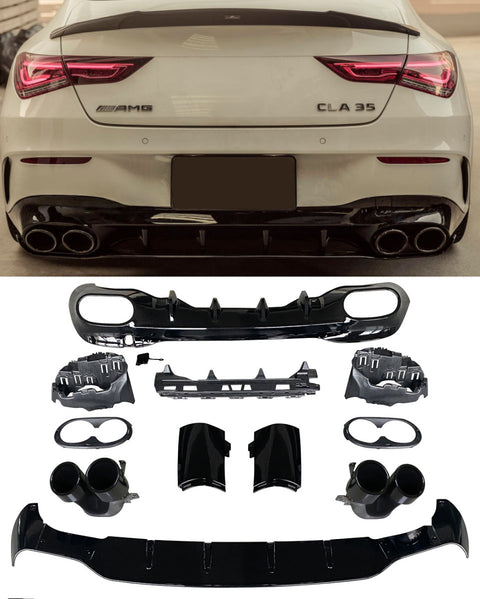 Difusor Traseiro + Ponteiras de Escape Mercedes CLA W118 / C118 AMG Line (2019+) - GCP Preto Brilhante
