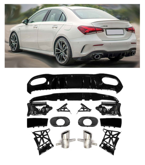 Difusor Traseiro + Ponteiras de Escape Mercedes Classe A V177 AMG Line (2018-2026) - GCP A35 Look Preto / Cromado