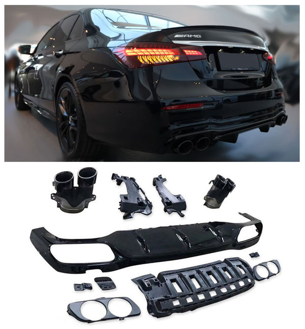 Rear Diffuser + Exhaust Tips Mercedes E-Class W213 AMG Line Facelift (2020-2023) - GCP E53 Look Gloss Black