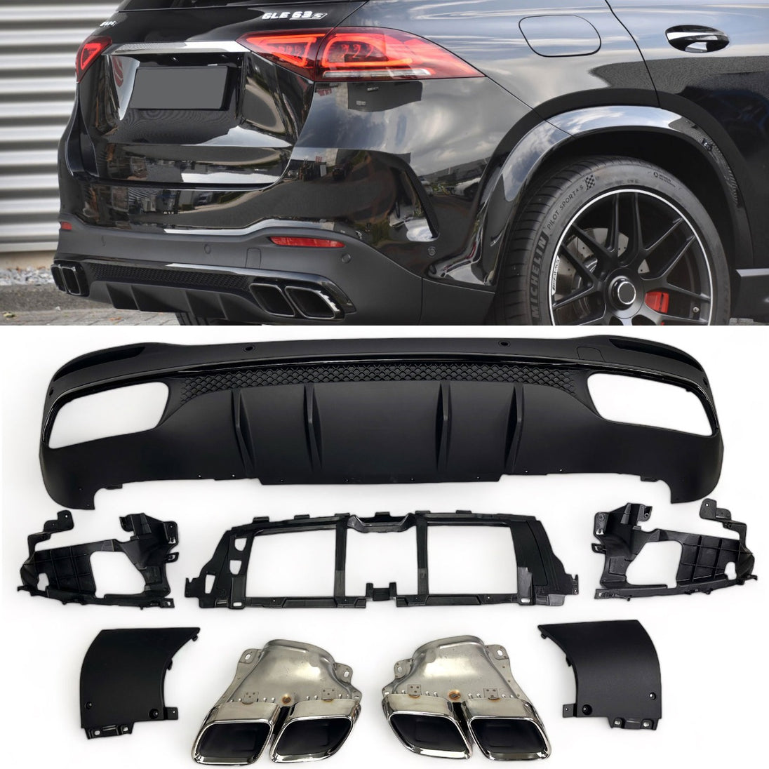 Rear Diffuser + Exhaust Tips Mercedes GLE W167 AMG Line (2019-2023) – Black / Chrome