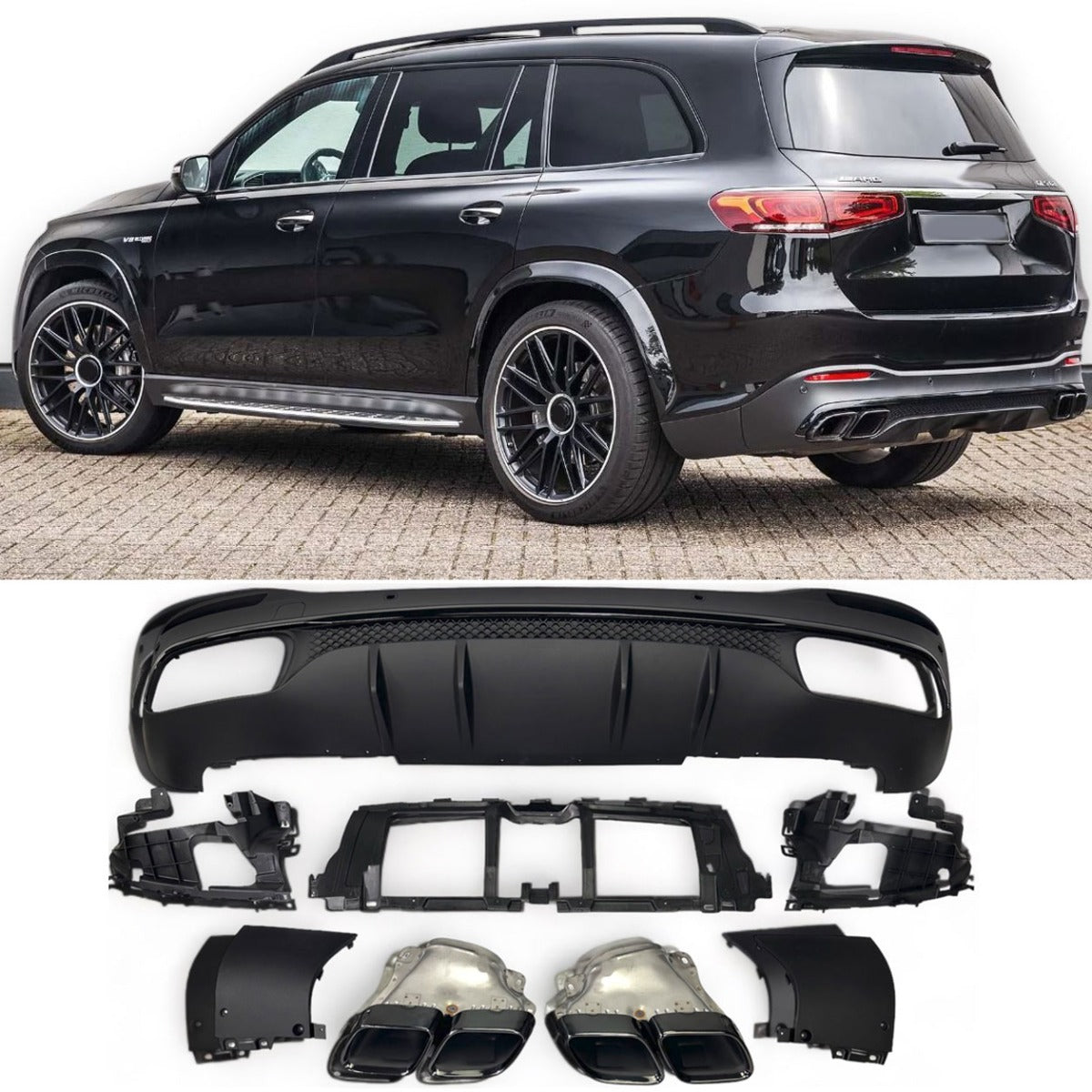 Rear Diffuser + Exhaust Tips Mercedes GLS X167 AMG Line (2019+) – Black
