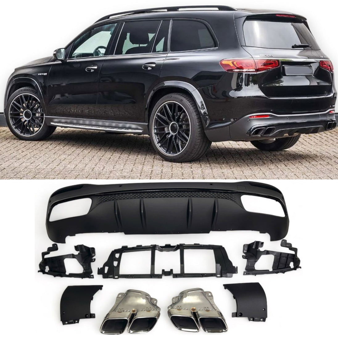 Rear Diffuser + Exhaust Tips Mercedes GLS X167 AMG Line (2019+) – Black / Chrome