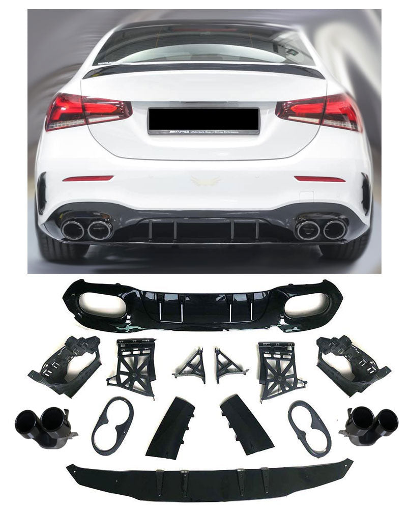 Rear Diffuser + Exhaust Tips Mercedes A-Class V177 AMG Line (2018+) – Gloss Black