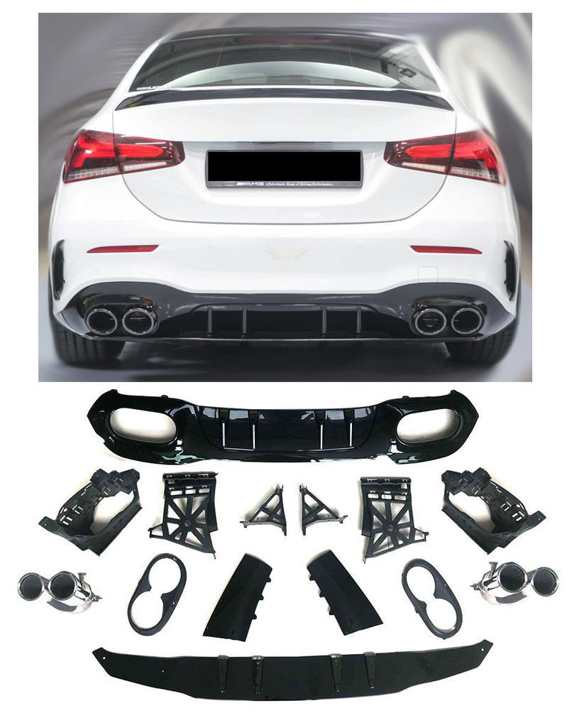 Rear Diffuser + Exhaust Tips Mercedes A-Class V177 AMG Line (2018+) – Black / Chrome
