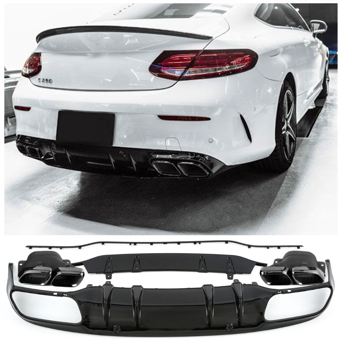 Rear Diffuser + Exhaust Tips Mercedes C-Class C205 / A205 AMG Line (2014-2020) – Gloss Black