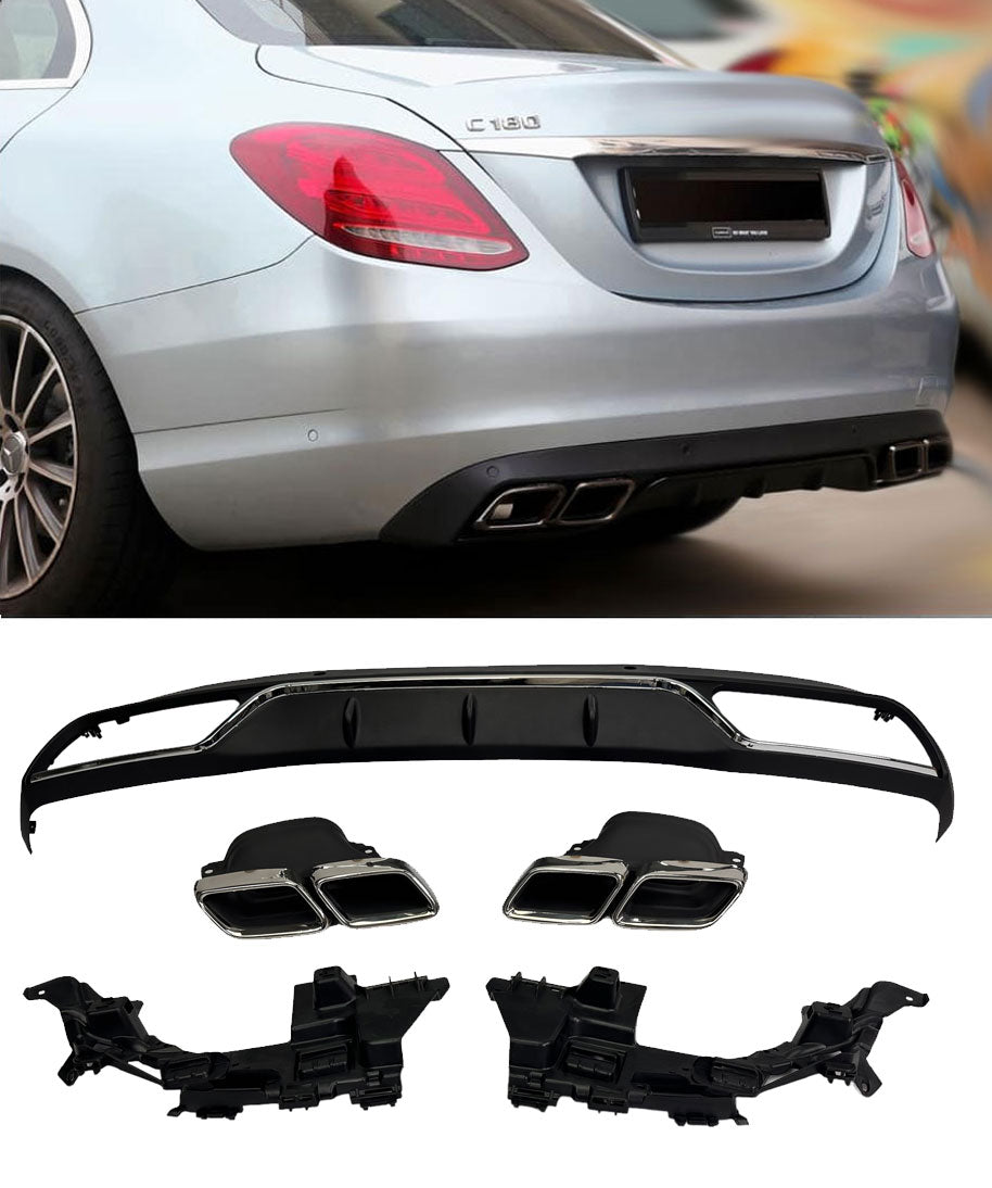 Rear Diffuser + Exhaust Tips Mercedes C-Class W205 / S205 Avantgarde / Standard (2014-2021) – Black / Chrome
