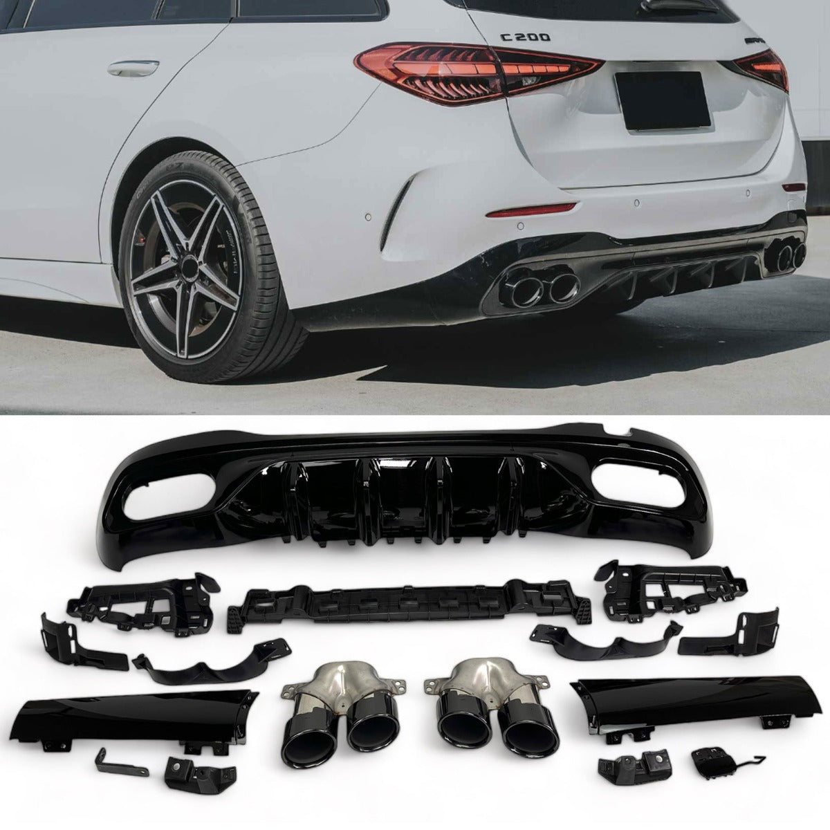 Rear Diffuser + Exhaust Tips Mercedes C-Class W206 / S206 AMG Line (2021+) – Gloss Black