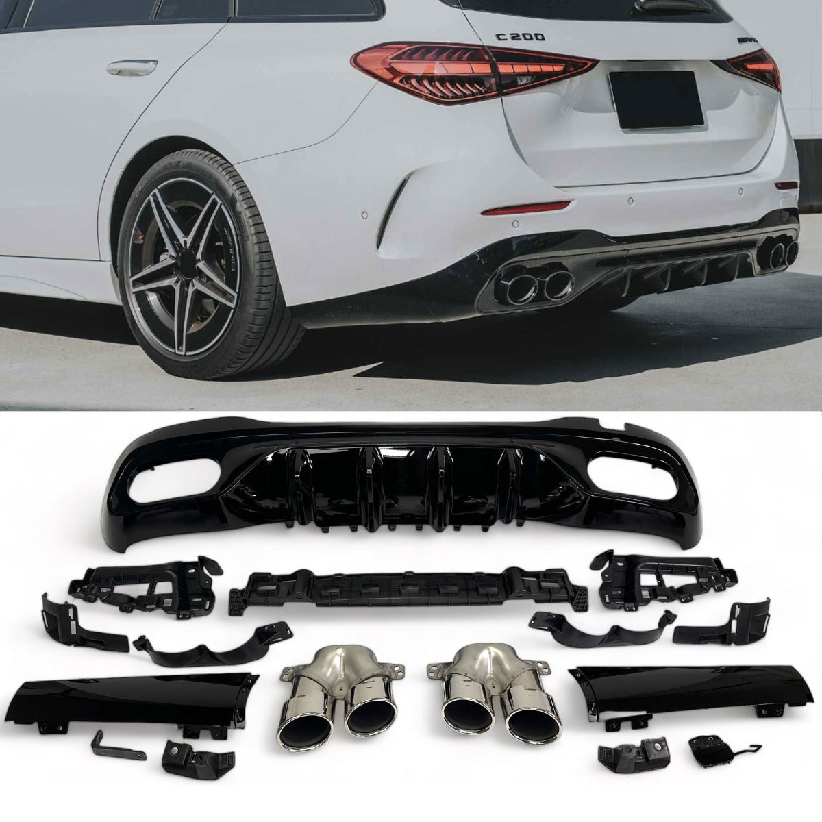 Rear Diffuser + Exhaust Tips Mercedes C-Class W206 / S206 AMG Line (2021+) – Black / Chrome