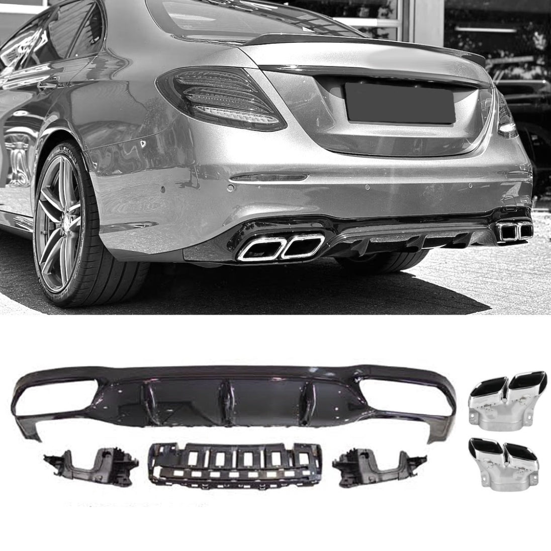 Rear Diffuser + Exhaust Tips Mercedes E-Class W213 AMG Line Pre-Facelift (2017-2020) – Black / Chrome