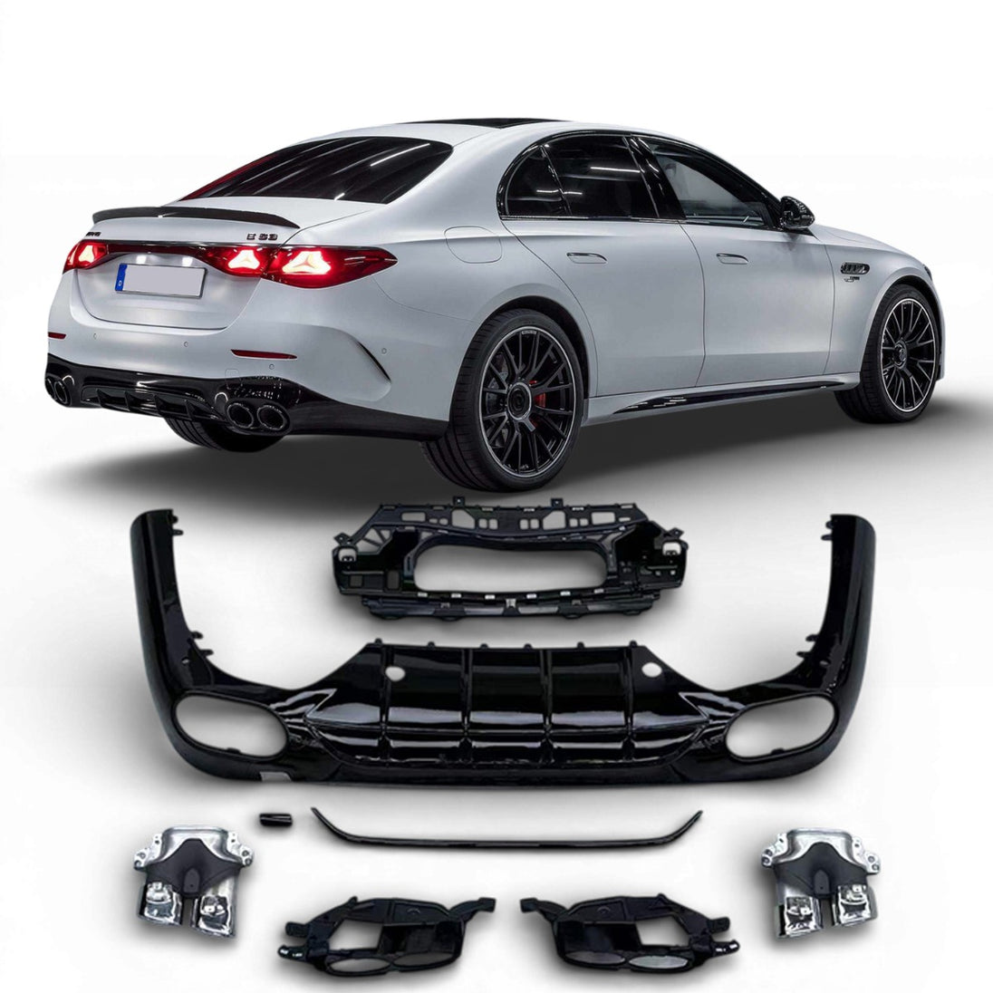 Rear Diffuser + Exhaust Tips Mercedes E-Class W214 / S214 AMG Line (2023+) – Black / Chrome