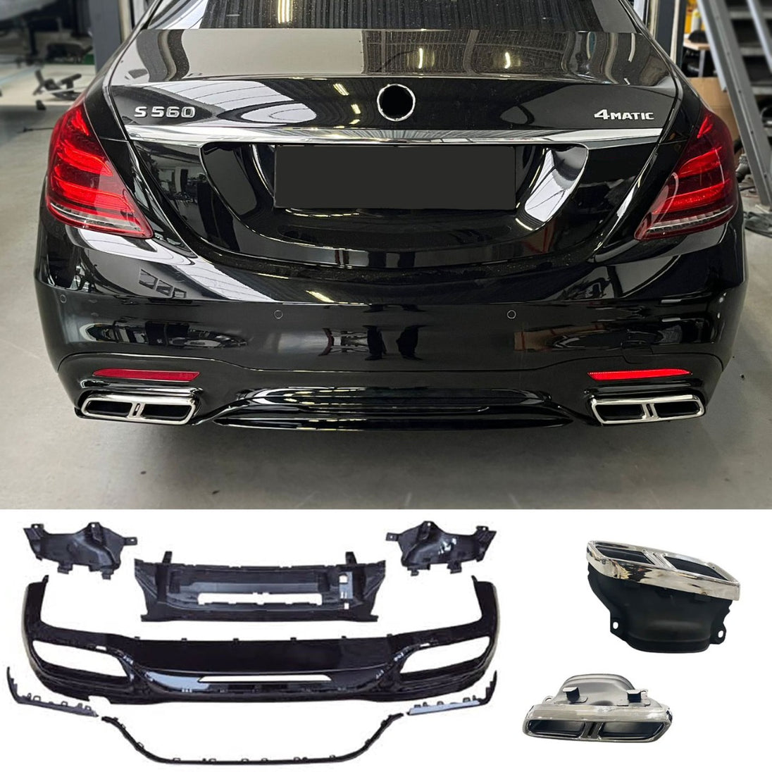 Rear Diffuser + Exhaust Tips Mercedes S-Class W222 AMG Line Facelift (2017-2020) – Black / Chrome