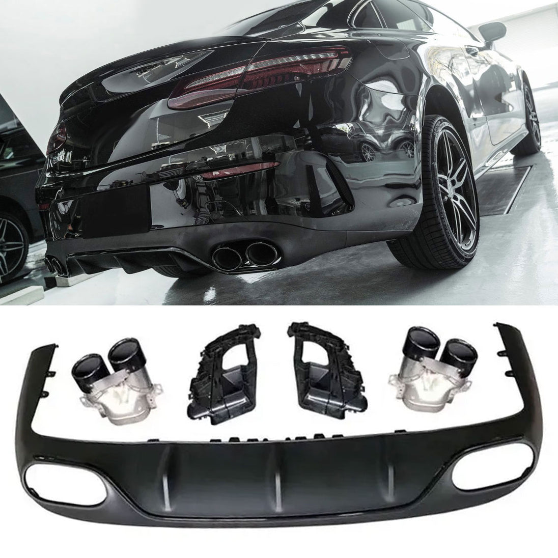 Rear Diffuser + Exhaust Tips Mercedes E-Class C238 / A238 AMG Line (2016-2023) – Gloss Black
