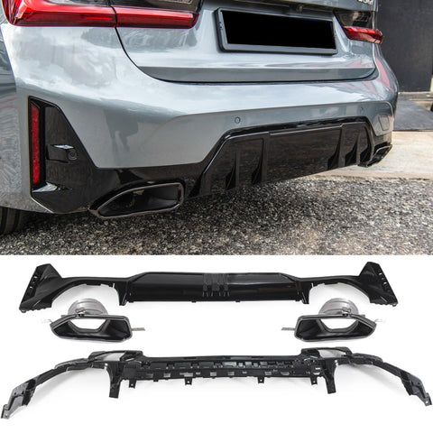 Rear Diffuser + Exhaust Tips BMW 3 Series G20 / G21 M Sport LCI (2022+) - GCP Gloss Black