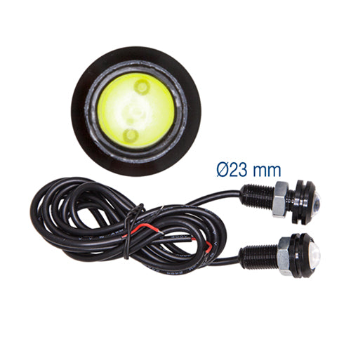 Round LED Daytime Running Lights 23 mm Black Bezel 12/24V (Pair) - CarSense