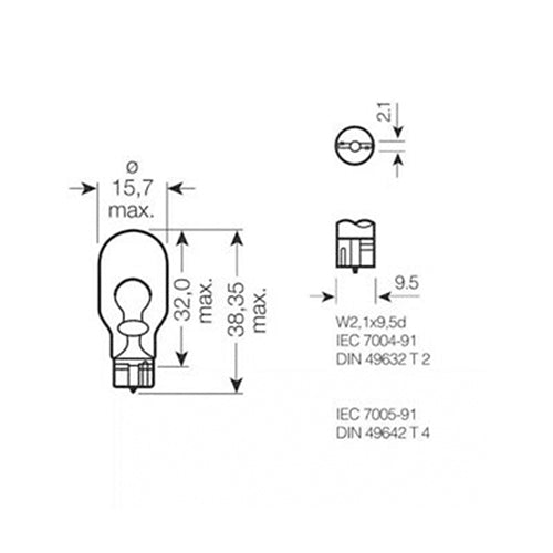 W16W T15 W2.1x9.5d Wedge Bulb 12V 16W - Narva