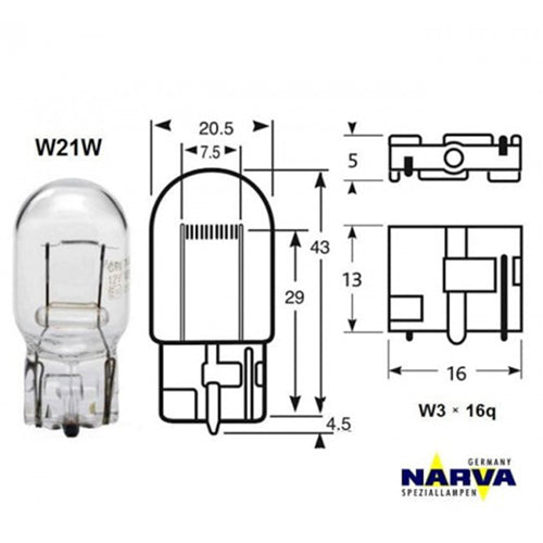 W21W T20 W3x16d Wedge Bulb 12V 21W - Narva