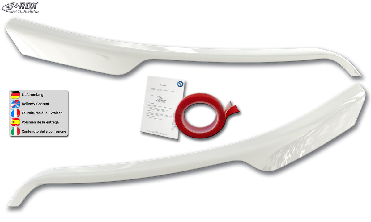 RDX gloss white headlight covers for the Ford Transit (2014+) with silver halogen headlights – image 1 of 2