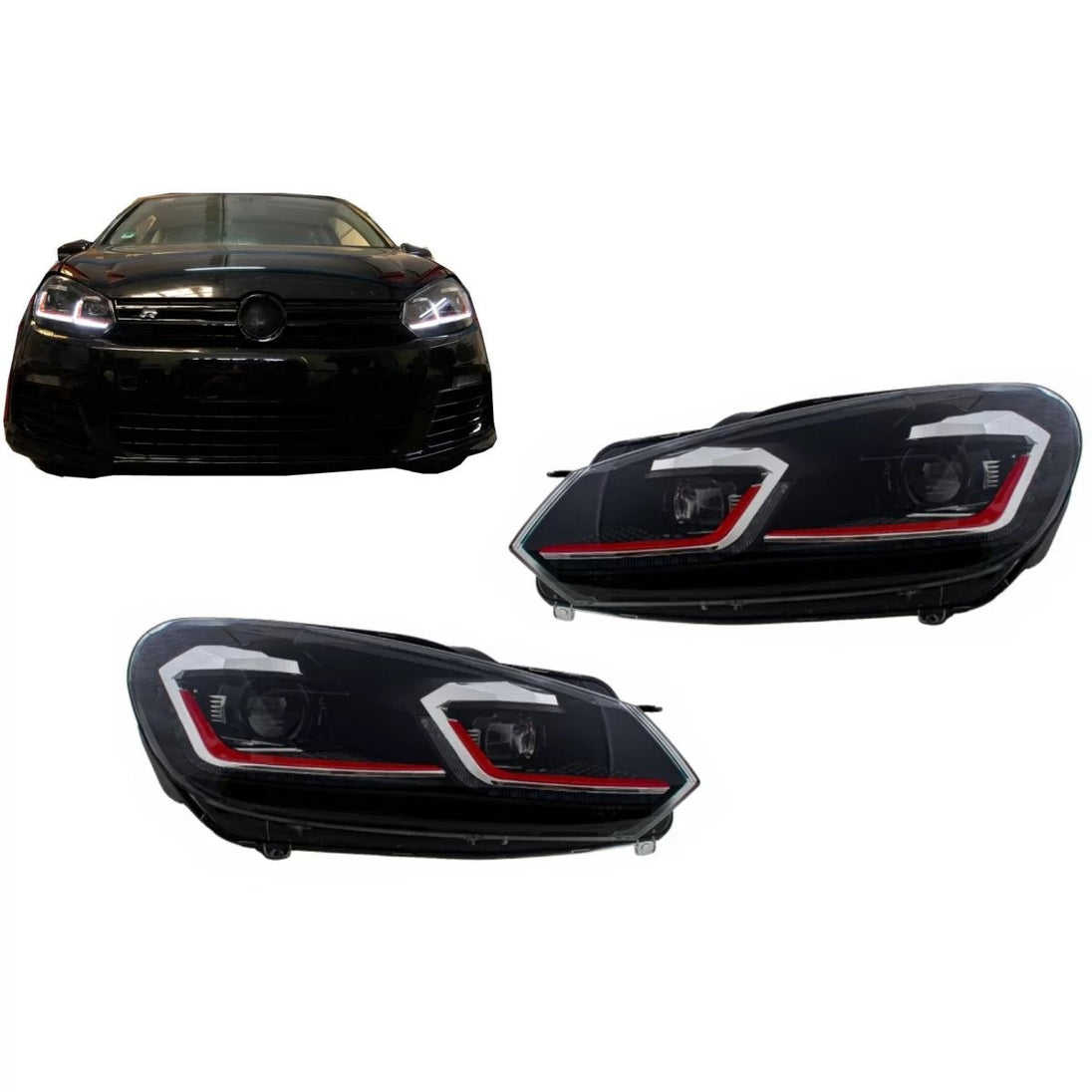 LED Headlights for VW Golf 6 VI 2008–2013 – (G7.5 GTI Look), Red Sequential Indicators - Headlights - Kitt - HLVWG6FR